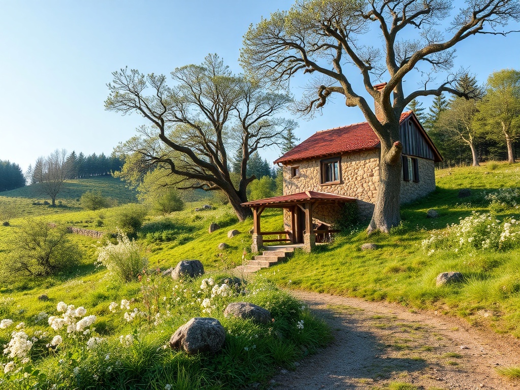Домик на природе, окруженный зелеными холмами, деревьями и цветущими полями. Спокойная и живописная обстановка.