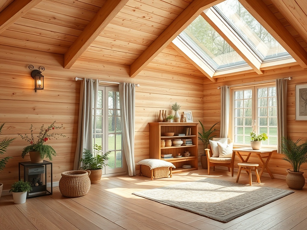 Светлая комната с деревянными стенами, окнами и уютной мебелью, украшенная растениями и светом.