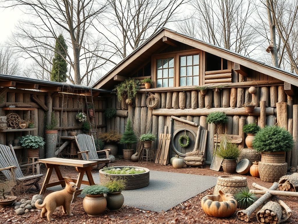 Деревянный домик с садовой мебелью и растениями, уютный дворик с декоративными горшками и собачкой.