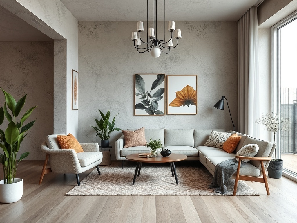 Современная гостиная с мягкой мебелью, растениями и светлыми тонами, создающая атмосферу уюта.