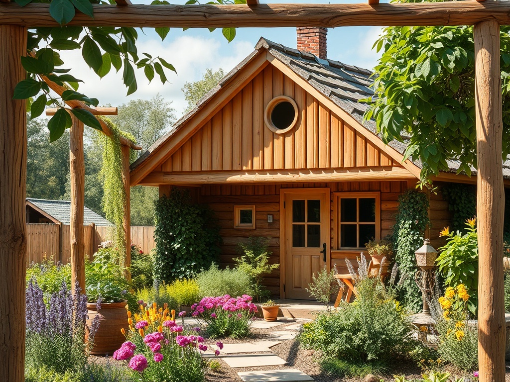 Уютный деревянный дом с цветущим садом и дорожками, окруженный зеленью и яркими цветами.