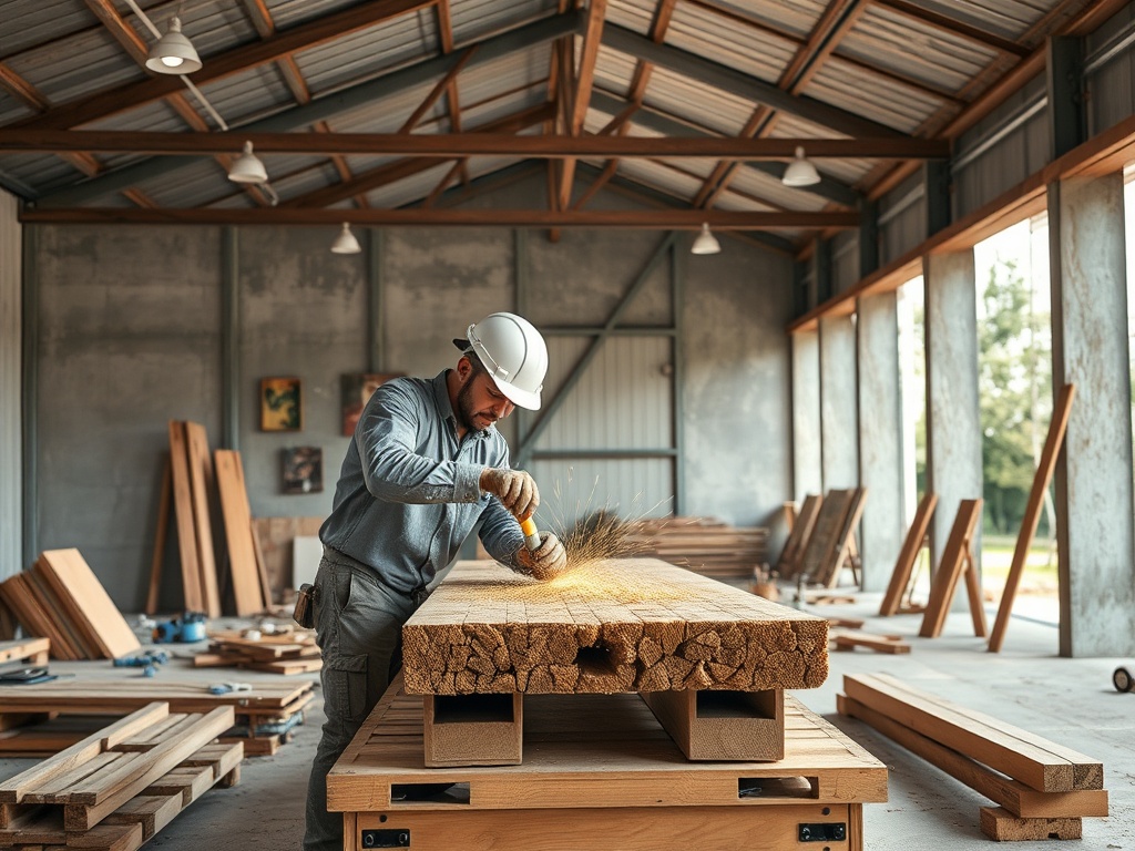 Рабочий с каской обрабатывает древесину в мастерской, вокруг много деревянных материалов и инструментов.