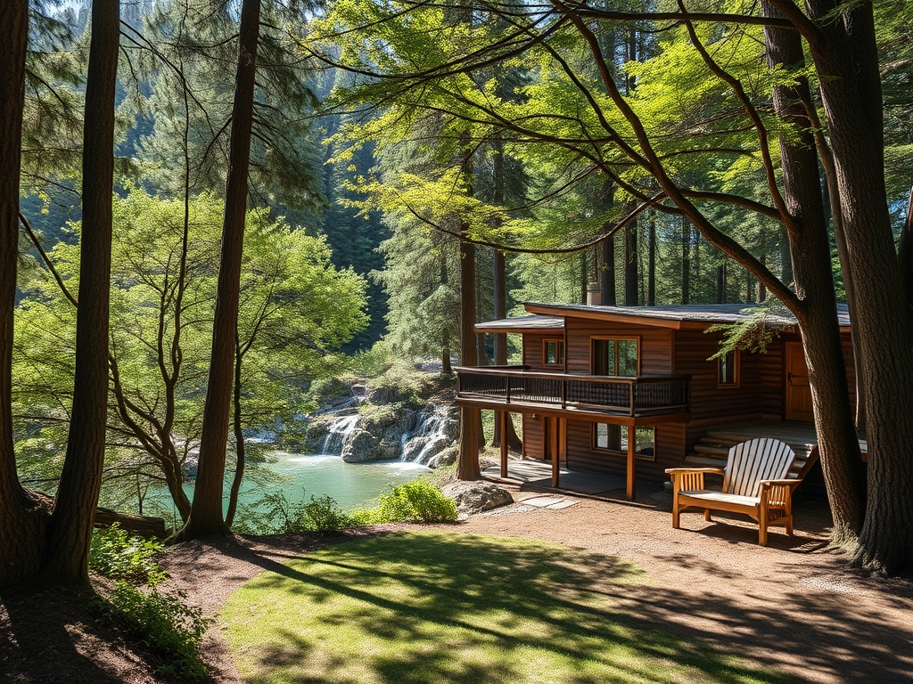 Уютный деревянный дом с видом на реку и водопад, окруженный зелеными деревьями. Солнечный день.