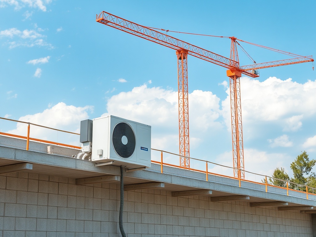 На фоне голубого неба видно промышленный кондиционер и строительные краны.
