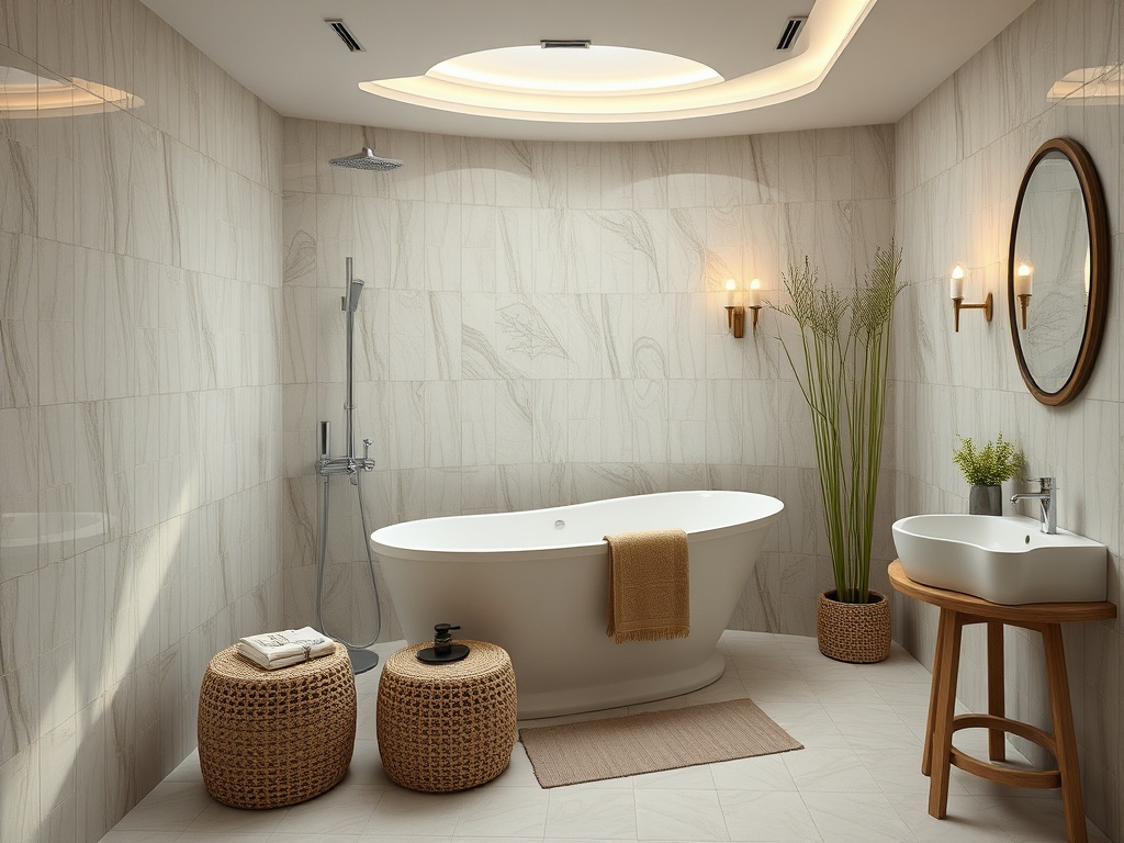 Современная ванная комната с белой ванной, душем, растениями и деревянной мебелью. Элегантный и минималистичный дизайн.