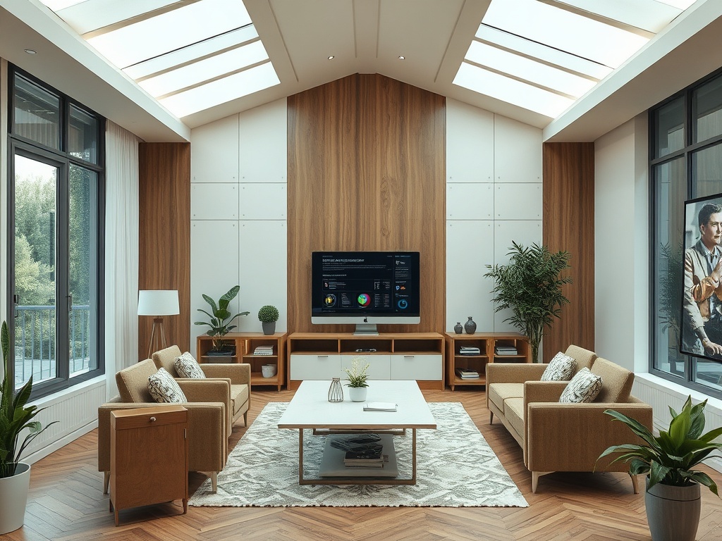 Современная гостиная с большими окнами, телевизором, светлой мебелью и зелеными растениями.