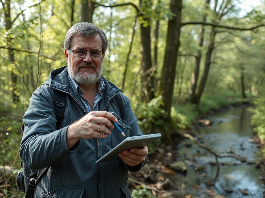 Человек со светлой бородой и очками стоит в лесу, рассматривая планшет у ручья.