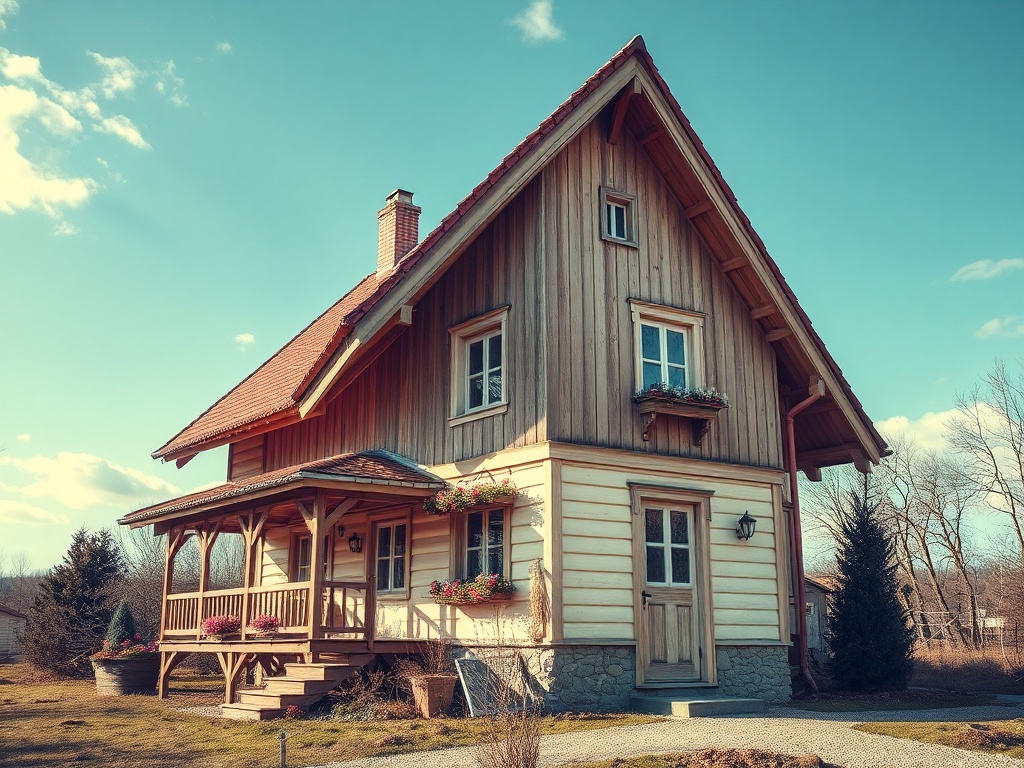 Деревянный дом в стиле шале с веранной и цветами на окнах под голубым небом и солнечными лучами.