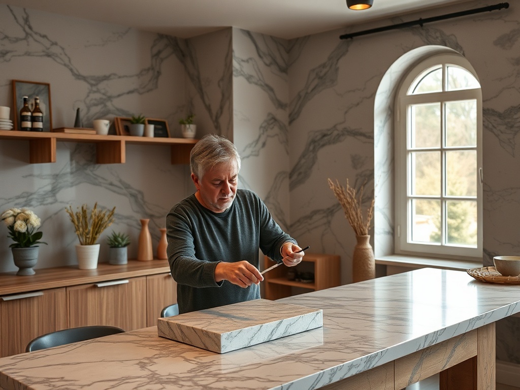 Мужчина работает на кухонном столе, измеряя предмет с помощью инструмента в современном интерьере.