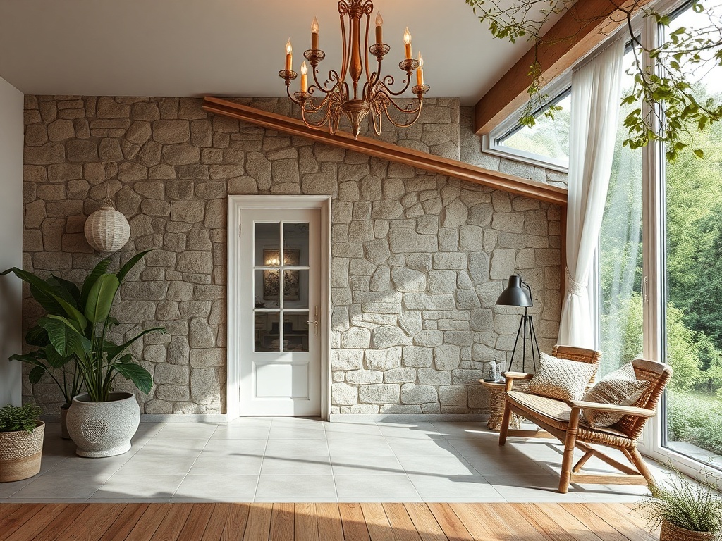 Светлая комната с каменной стеной, креслом и растением у окна, освещенная люстрой и солнечным светом.
