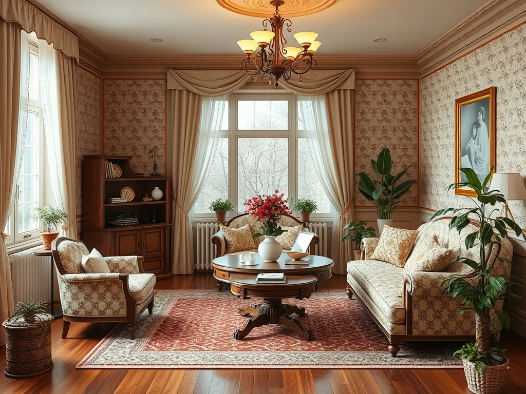 Уютная гостиная с мебелью в классическом стиле, растениями и светлыми занавесками у больших окон.