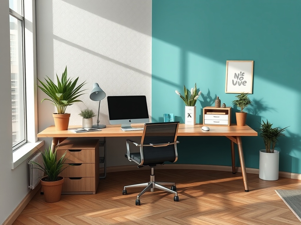 Современный домашний офис с растениями, компьютером и деревянным столом на фоне яркой стены.