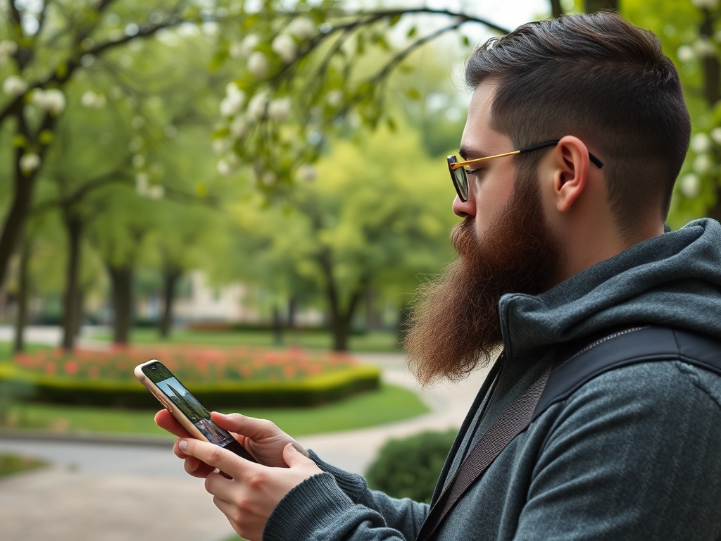 Молодой человек с бородой и очками смотрит на телефон в парке среди зелени и цветов.