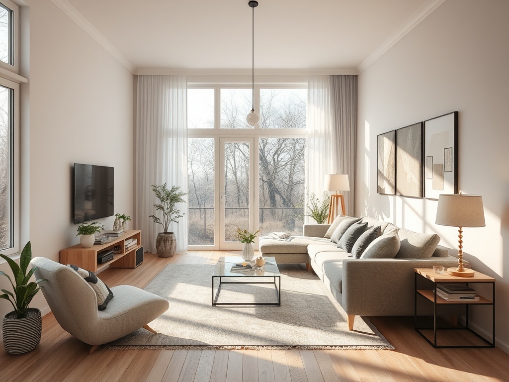 Светлая гостиная с современным дизайном, большими окнами и уютной меблировкой.