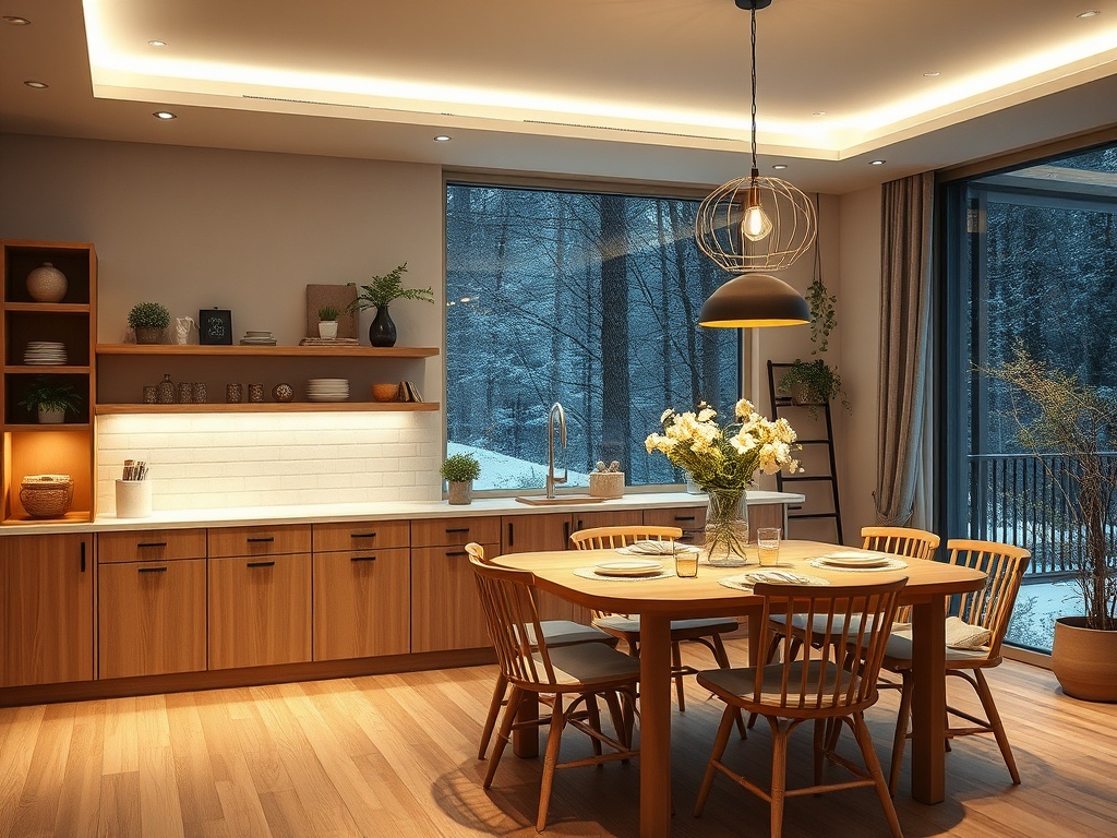Современная кухня с деревянными шкафами, круглым столом и цветами на столе, вид на зимний лес за окном.