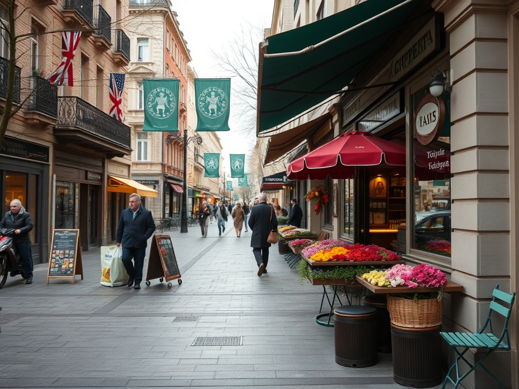 Улица с цветочными композициями, магазинами и прохожими в прохладную погоду, флаги на зданиях.