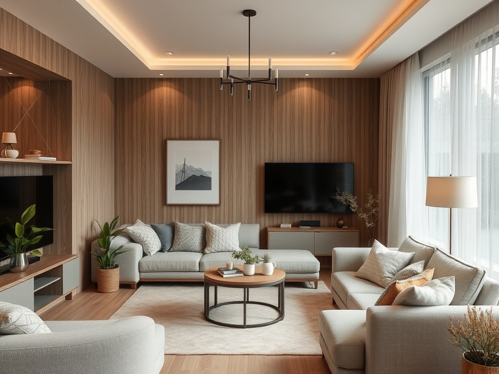 Современная гостиная с мягкой мебелью, телевизором и роскошным освещением, уютно оформленная.