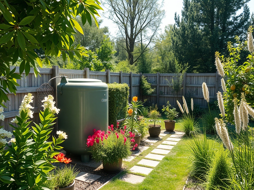Солнечный сад с растениями, цветами и резервуаром для дождевой воды в окружении зелени и деревянного забора.