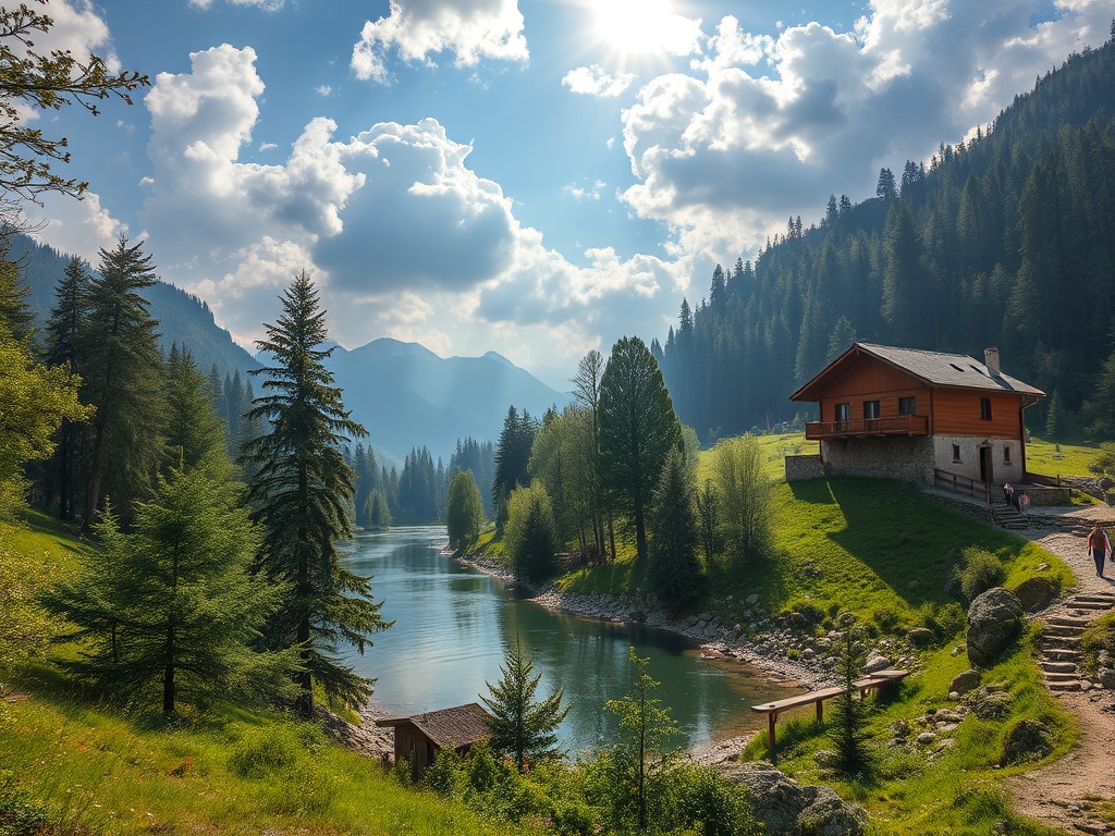 Уютный дом на берегу красивой реки, окруженный горными пейзажами и зелеными лесами.