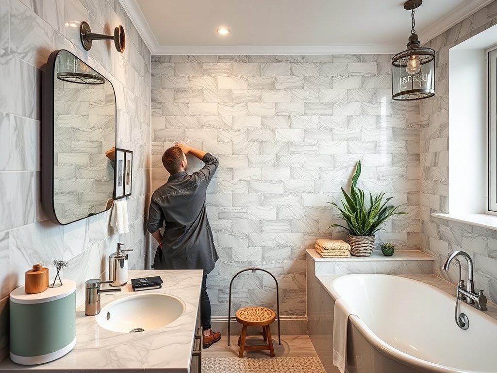 Мужчина работает в стильной ванной комнате с белой плиткой и растением, освещаемой естественным светом.