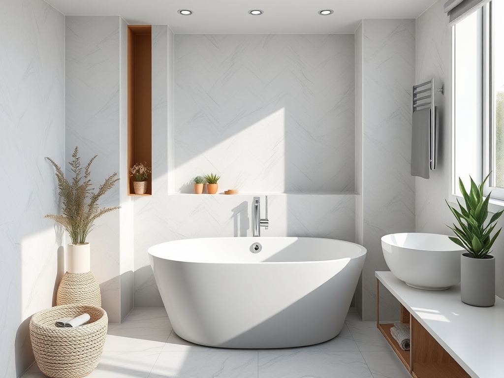 Современная ванная комната с белой ванной, растениями и большим окном, обильно освещающим пространство.