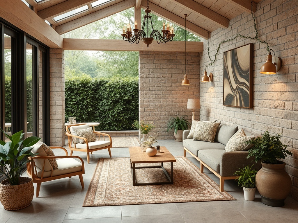 Светлая гостиная с большими окнами, уютной мебелью и растениями, создающая атмосферу комфорта и свежести.