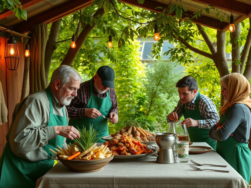 Четыре человека в фартуках наслаждаются процессом приготовления еды на улице в окружении зелени.