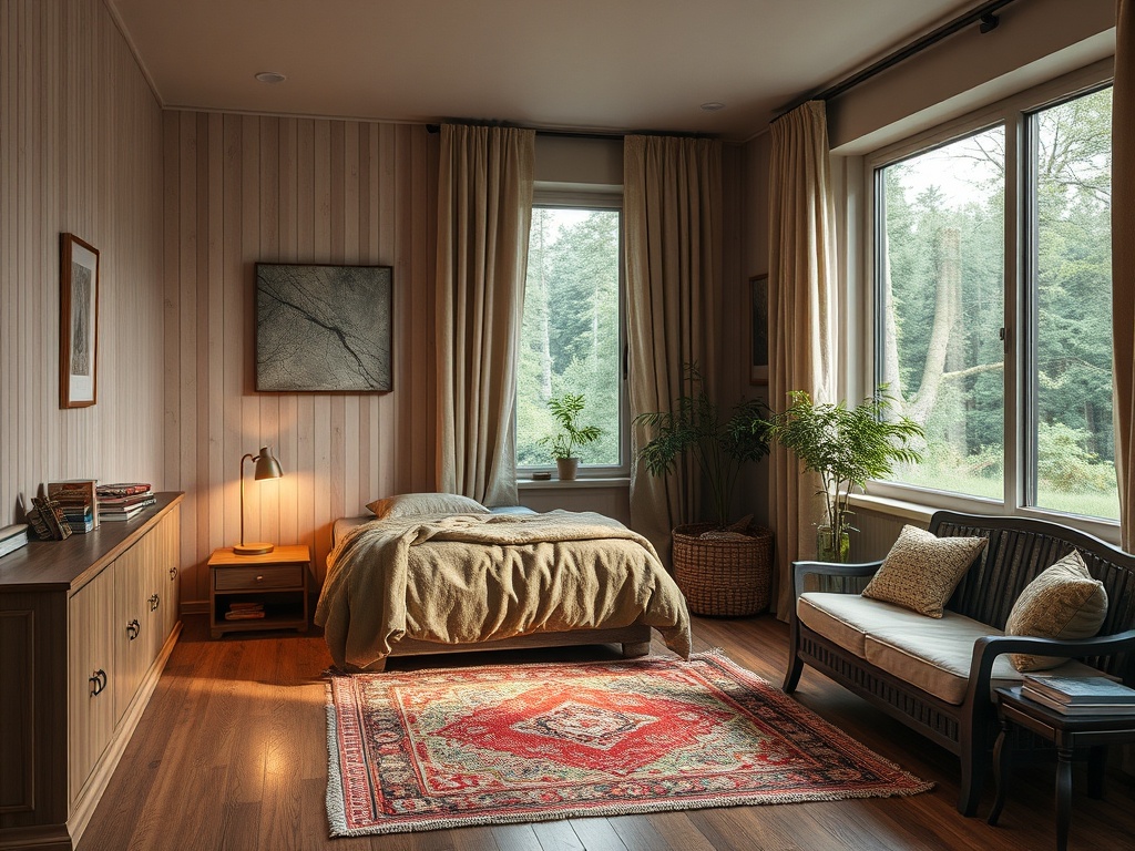 Уютная спальня с большим окном, мягкой постелью и уютной мебелью, окруженная зеленью.