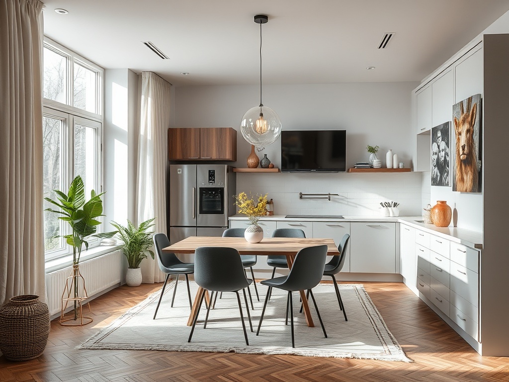 Светлая кухня с обеденным столом, стульями, растениями и современной техникой. Стильный и уютный интерьер.